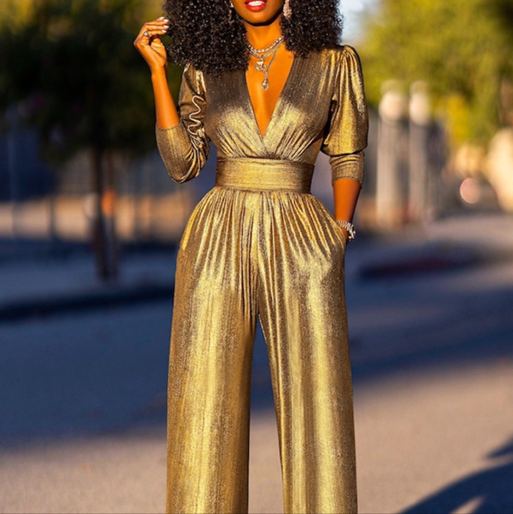 Jumpsuit Deep V-neck Three-Quarter Sleeves High Waist Wide Leg Oe-piece - Picture 7 of 7